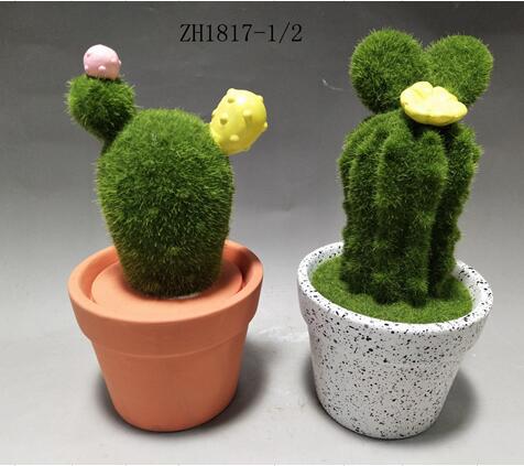 Artificial ceramic cactus with green flocking