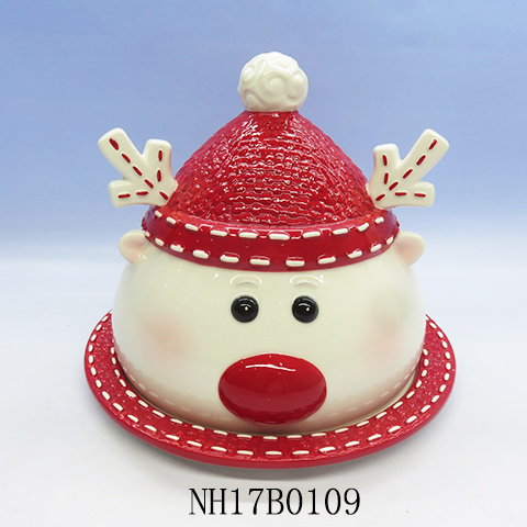 Hoopla Reindeer Ceramic Christmas Butter Dish, 4", Red