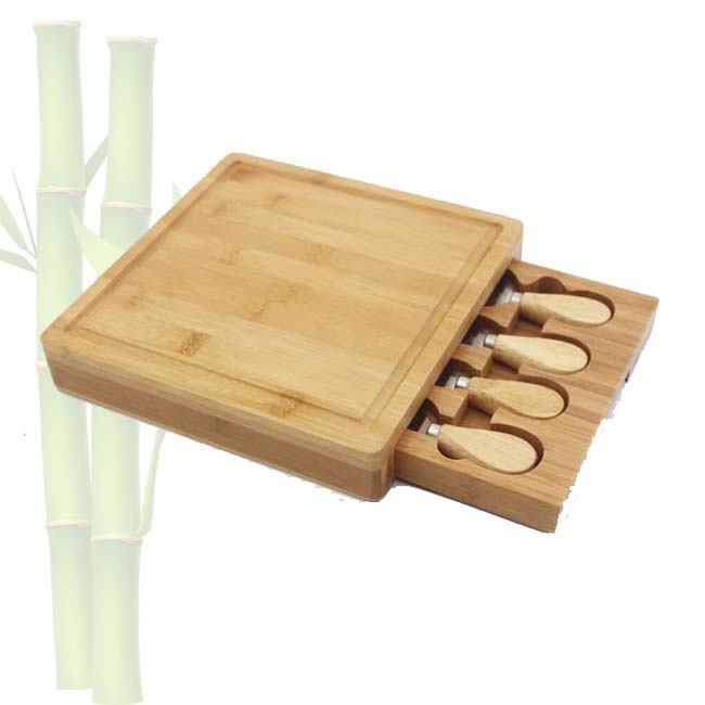 Bamboo Cheese Board with Cutlery Knife Set, Rectangle Wooden Server has Extra Serving Space on Edges for Crackers