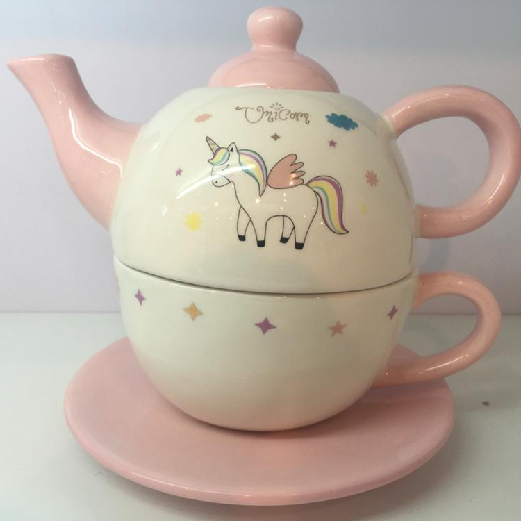 Customized pink color unicorn painting teapot porcelain teapot with base
