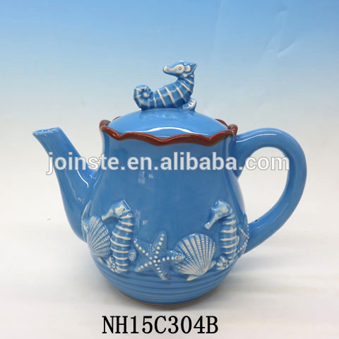 Blue sea animal embossed ceramic teapot