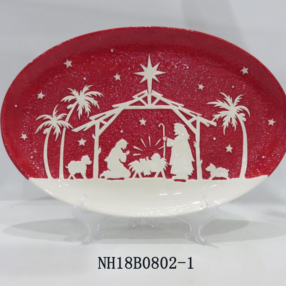 16" Handmade Ceramic CHRISTMAS SCENE Nativity Plate PEACE ON EARTH, oval shape