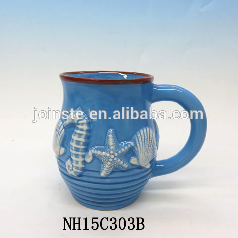 Blue sea animal embossed ceramic water kettle jar