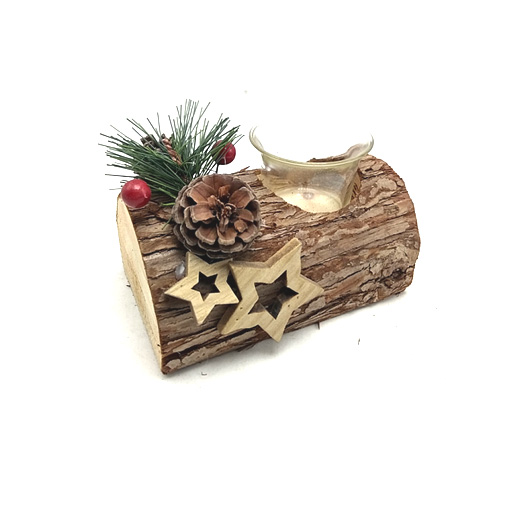 Christmas wood trunk bark tea light holder