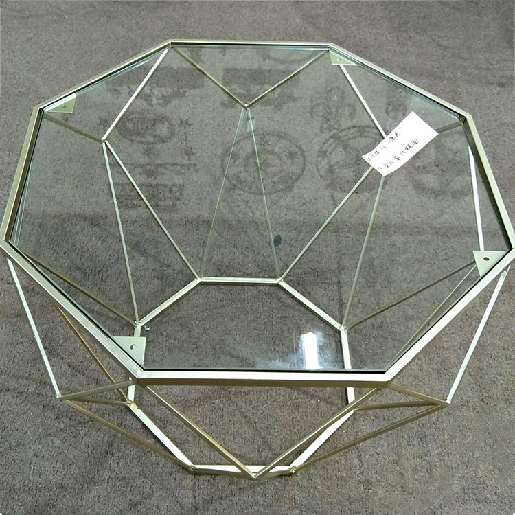 High-end Faceted Metal Coffee Table, Golden Color Wire Frame End Table With Glass Top
