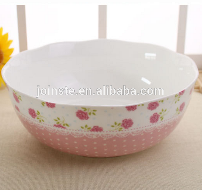 Custom pink dot painting ceramic soup bowl salad bowl for kids tableware