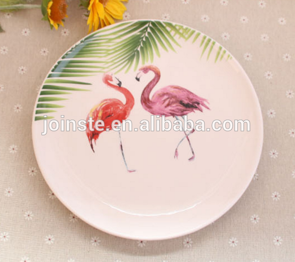 Custom round shape flamingo handmade painting ceramic plate tableware