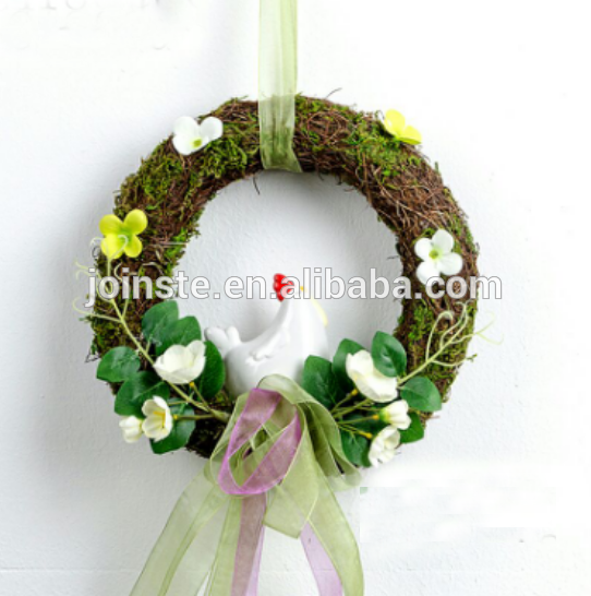 Natural easter rattan wreath rings with cock