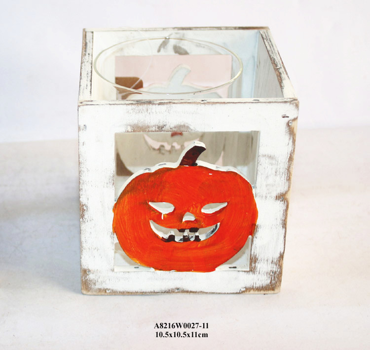 Halloween wash white pumpkin wooden candle lantern