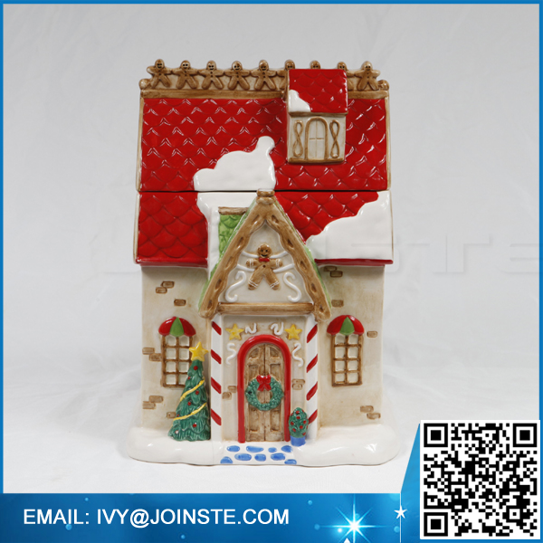 Christmas ceramic red cookie jar house shaped cookie jar hot sale