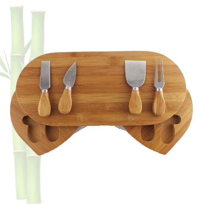 Bamboo Cheese Board and Knife Set ,Charcuterie Wooden Serving Board, Comes Complete with 4 Cheese Knives in a Slide-Out Drawer