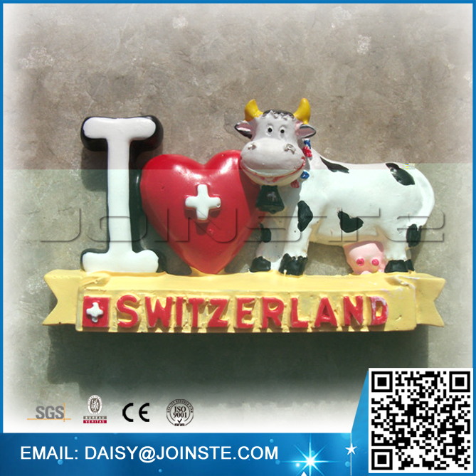 Switzerland cow and heart polyresin fridge magnet