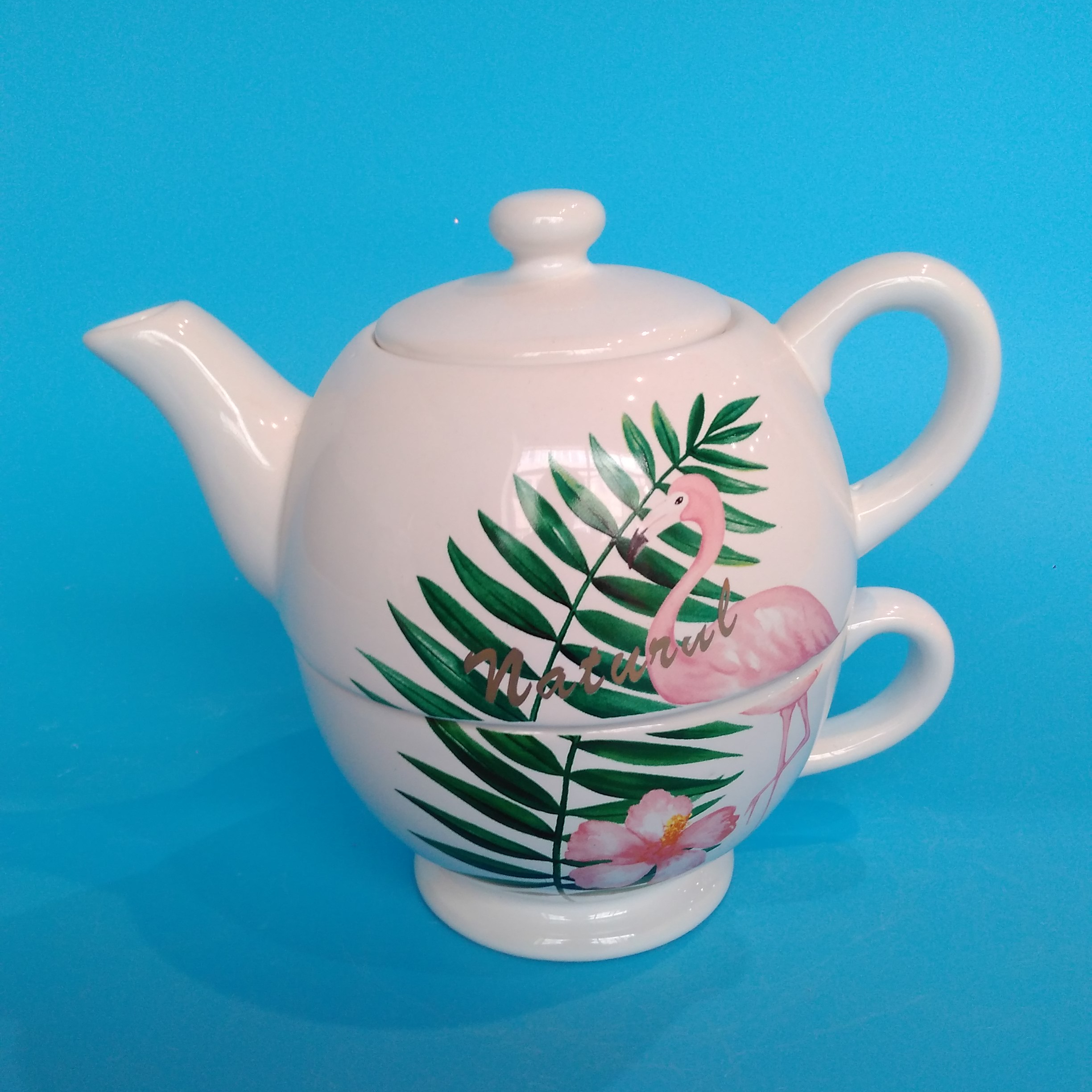 Customize flamingo palm leaf decal tea pot and cup