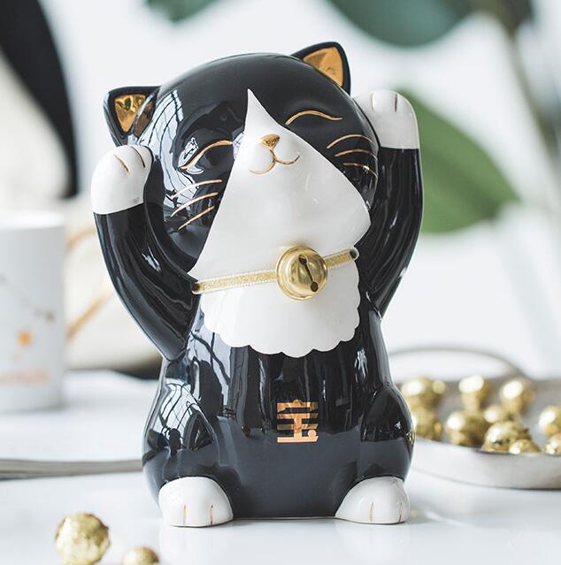 Ceramic black  fat cat figurines 3 assorted ,LOVE ,FORTUNE AND HAPPINESS