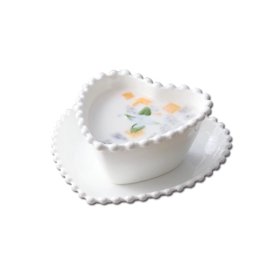 Custom good quality plain white heart shape ceramic candy bowl with plate