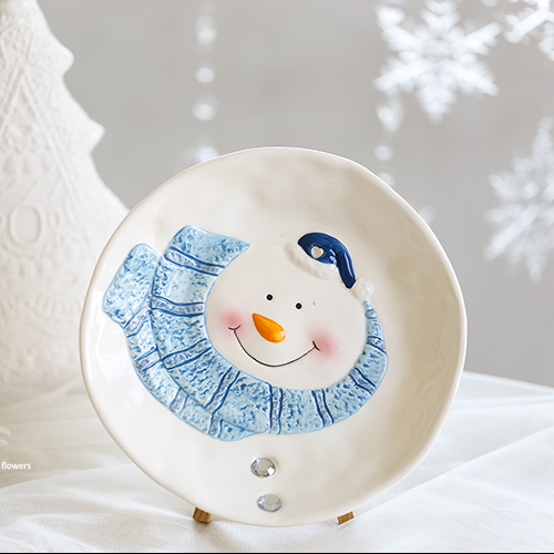 Customized round ceramic christmas snowman dish, porcelain bule color decorative plates