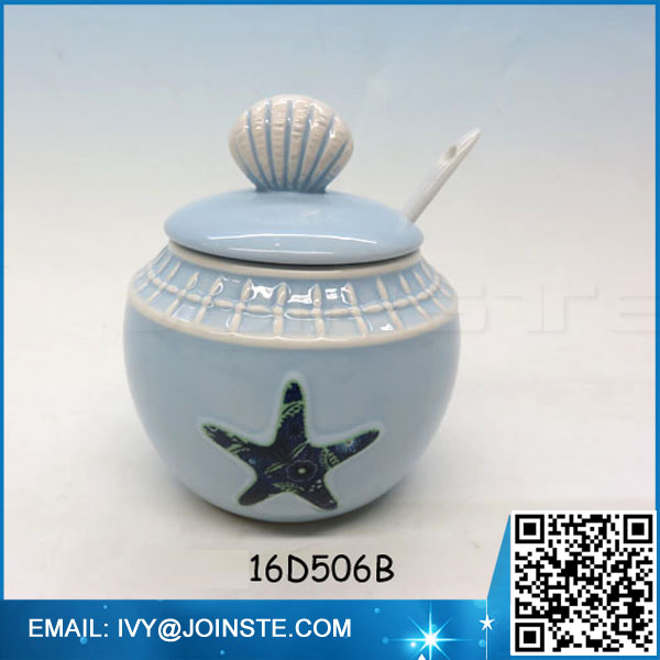 Good quality ceramic salt jar tea sugar and coffee ceramic storage jar with spoon