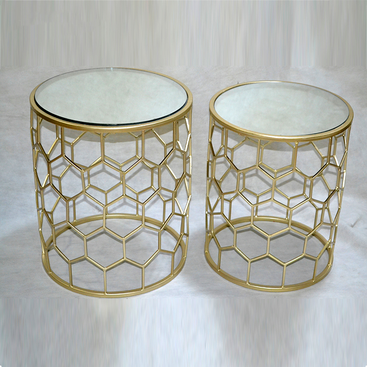 Modern metal iron wire coffee table round 2pcs set side table with MDF glass cover