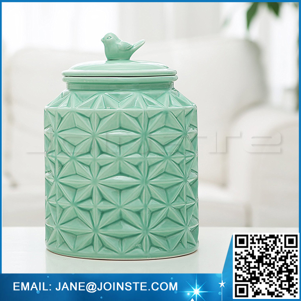 Turquoise Vintage Ceramic Kitchen Flour Canister Cookie Jar w Abstract Star Design & Bird Topped Lid