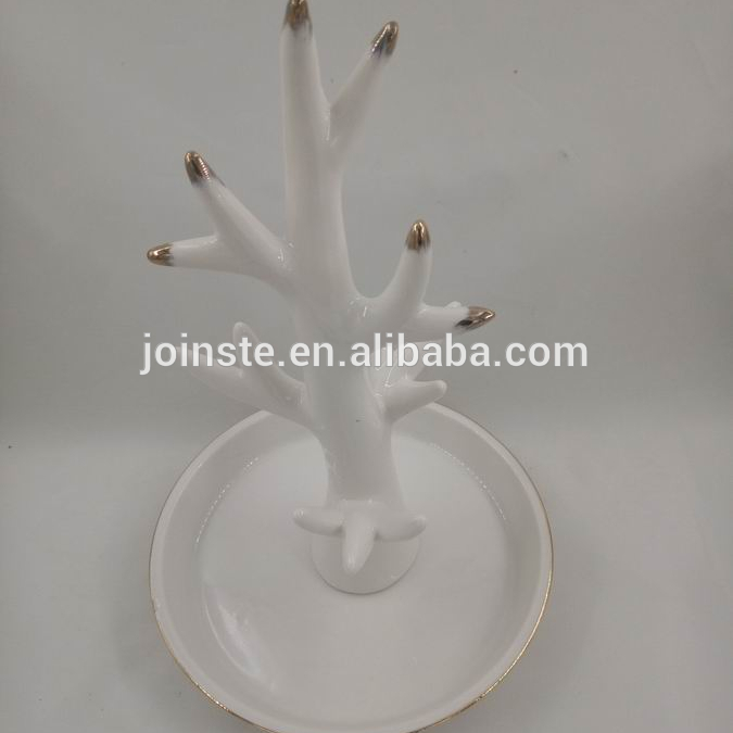 Custom ceramic plain white tree shape jewellery tray ceramic hand ring holder