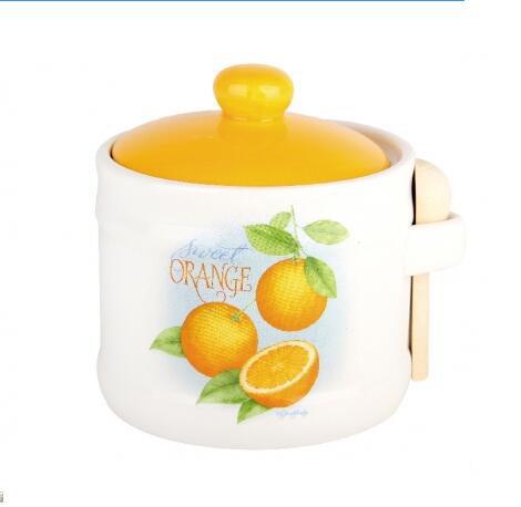 CERAMIC SPICE BANK WITH  WOODEN SPOON 480ML ORANGE DECAL