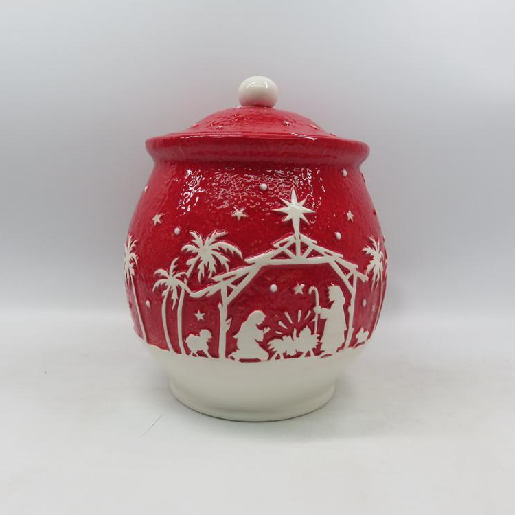 Ceramic Holiday Christmas Nativity Scene 12" Footed Cookie Jar