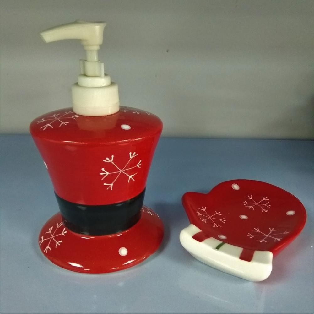 Christmas red silk hat and gloves design soap dispenser and dish for bathroom