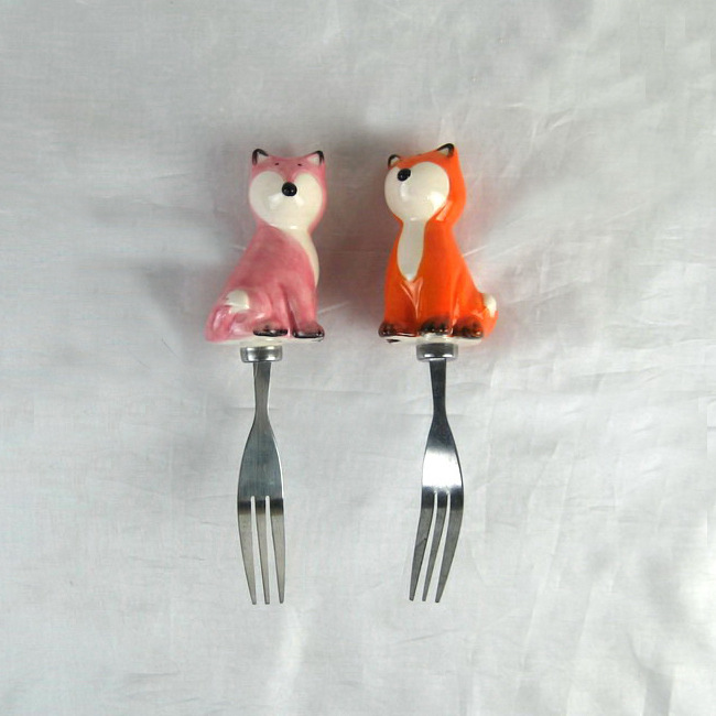 Custom Made Ceramic Handle fork and spoon set, Animal Fox Shape