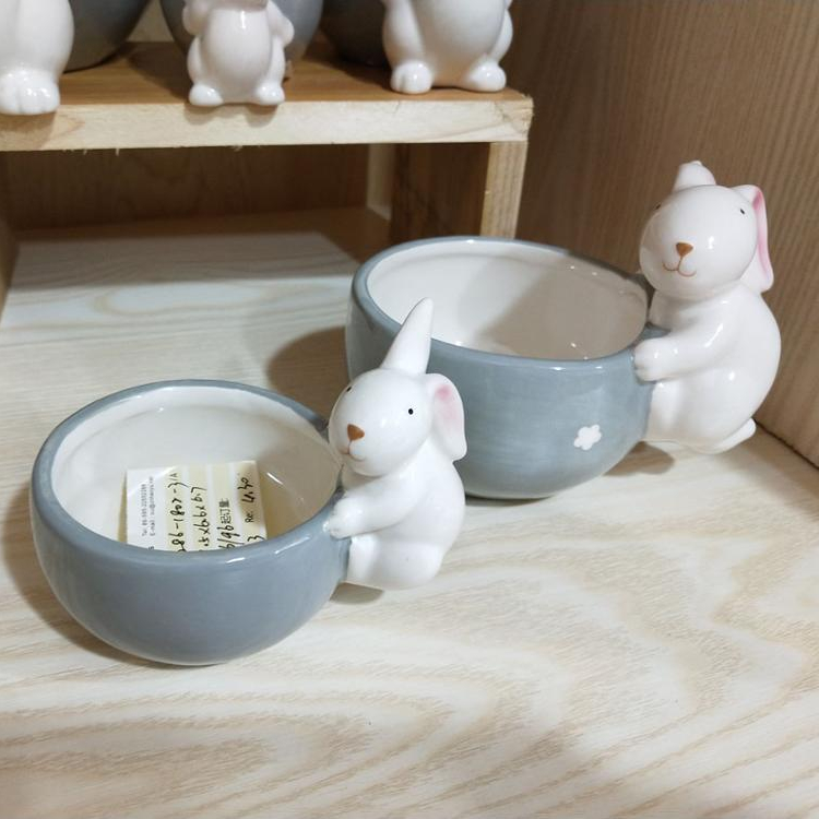 Easter decoration products mini ceramic fruit bowl, ceramic bowl with small white rabbit