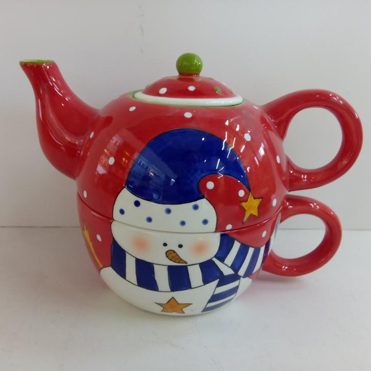 Customized red color snowman handmade painting teapot porcelain teapot