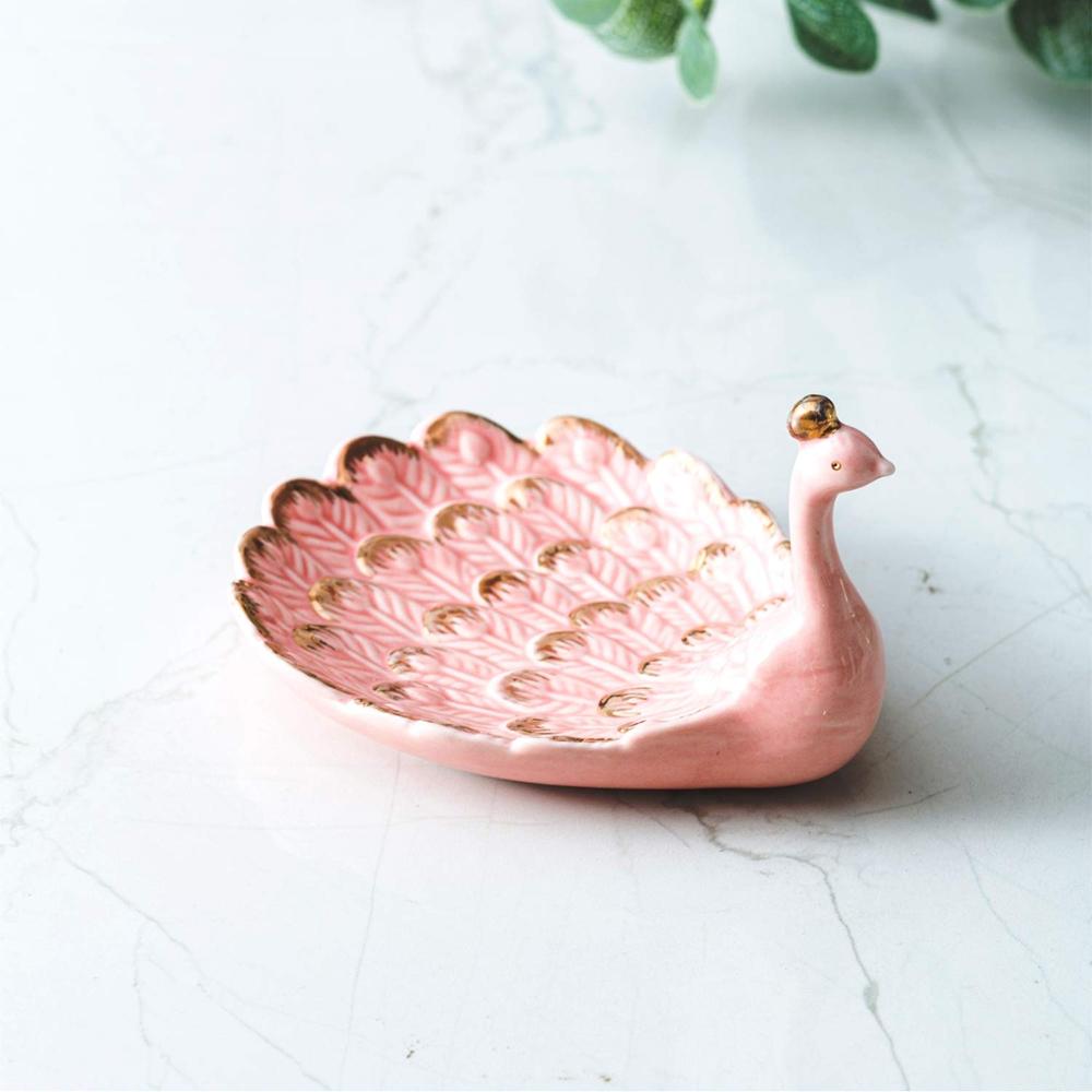 Peacock Ring Holder Real Gold Plating on The Crown Wings, Jewelry Trinket Holder Home Decoration, Pink Color
