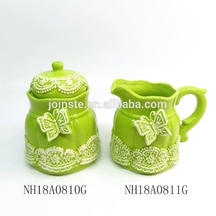 Green lace Porcelain Ceramic Sugar and Creamer Set