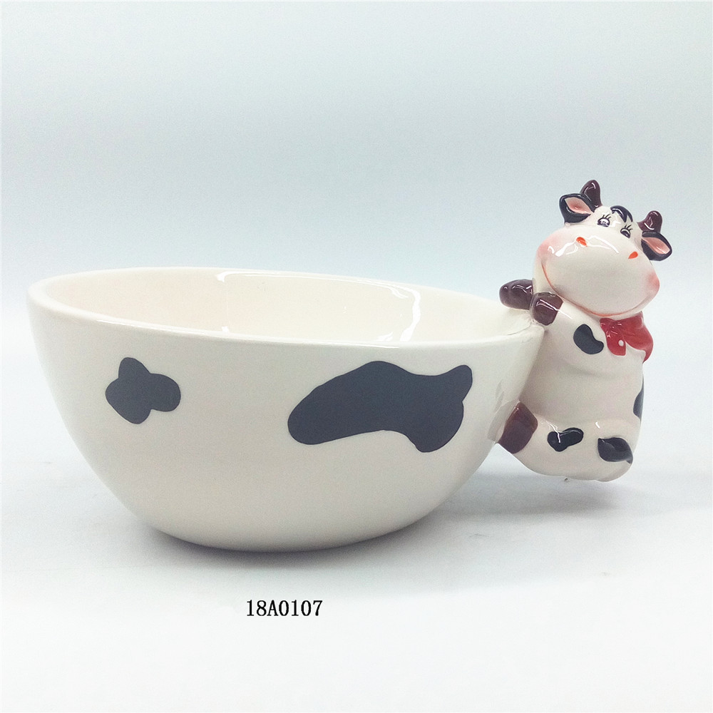 NEW ! ceramic under glazed hand painted soup bowl rice bowl with cow figurine