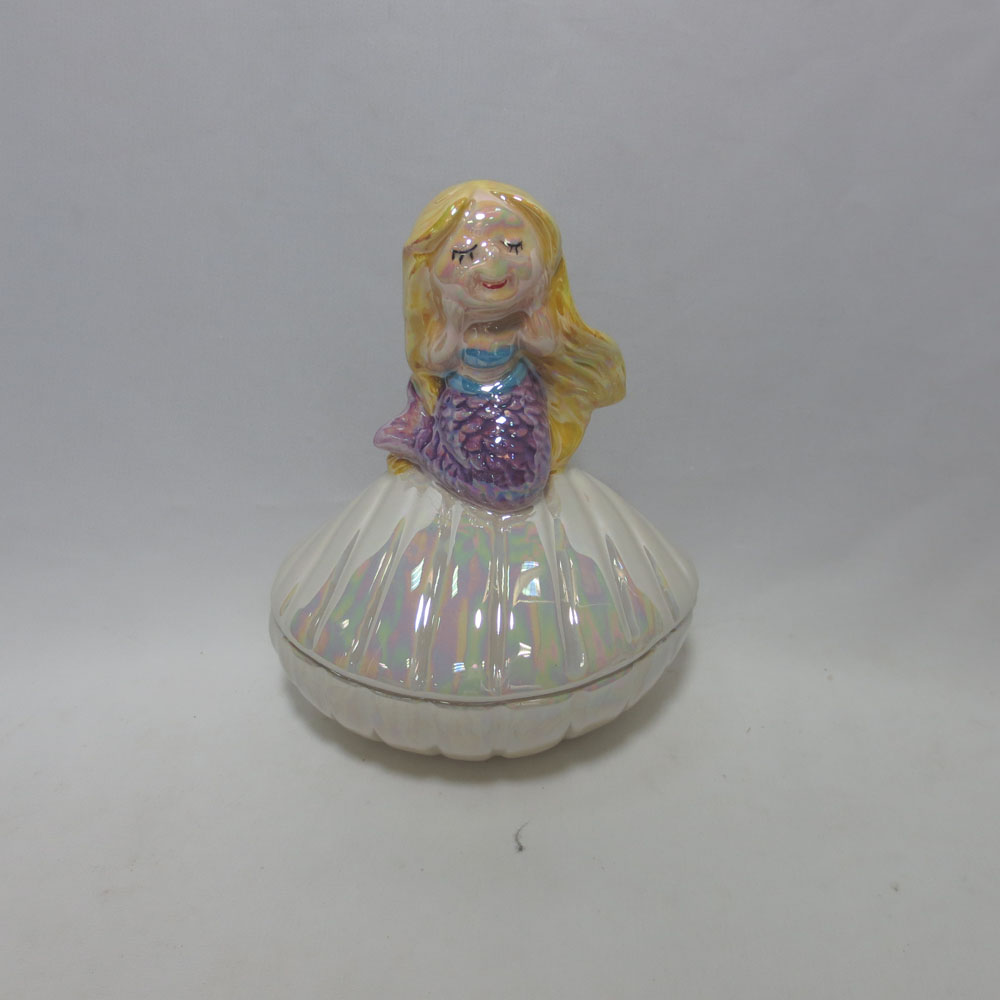 Mermaid Resting A top Small Clam Trinket Jewelry Box. Removable Lid. White/Iridescent Mermaid Jewelry Box 3.625 x 3.25 x 3.625 H