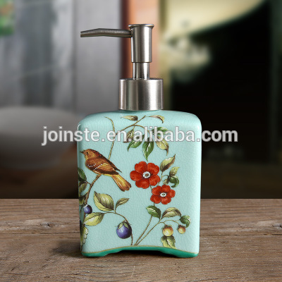 Customized light blue retro flower painting ceramic lotion pump bottle liquid container
