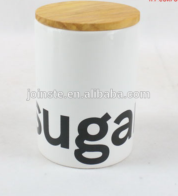 White ceramic large sealed sugar canister with bamboo cover