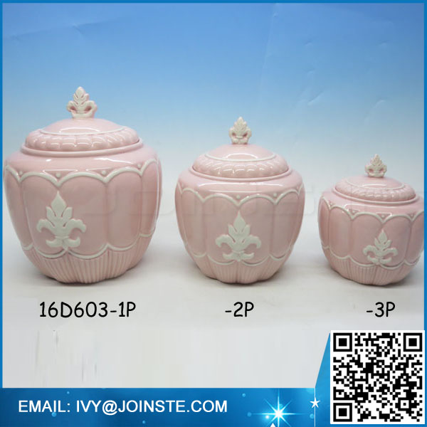Pink color ceramic cookie jar cheap unique shaped dessert jars candy jars
