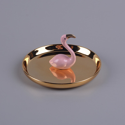 Custom creative flamingo ceramic jewelry ring holder with gold plated base