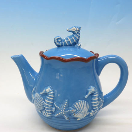 Customized creative blue color sea species painting ceramic teapot cheap kettle
