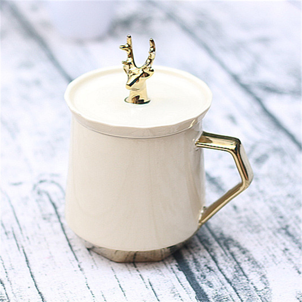 Reindeer lid coffee mugs gold handle  novelty mug ceramic  coffee mug