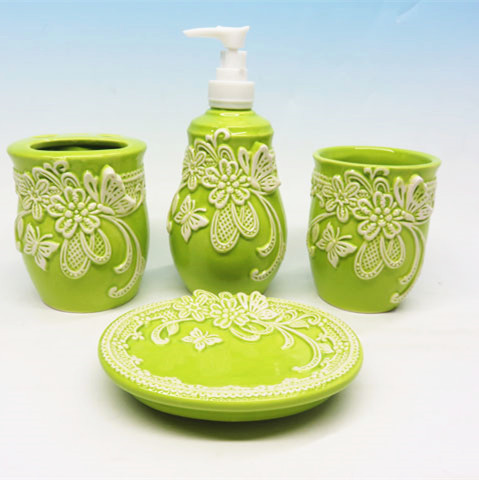 Ceramic green  embossed   butterfly  Bathroom Set  include Soap Dispenser, Toothbrush Holder, Tumbler & Soap Dish