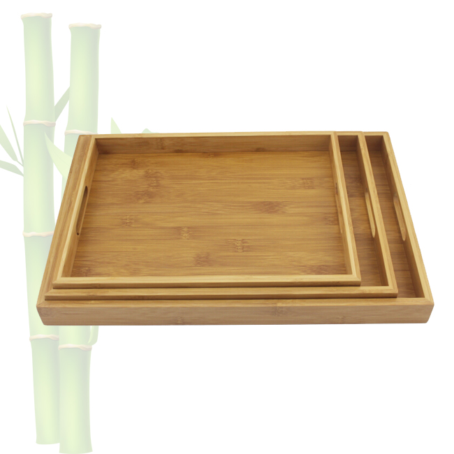 Set of 3 Natural Bamboo Rectangular Nesting Breakfast, Coffee Table/Butler Serving Trays, Brown