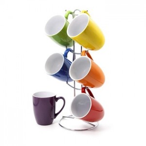 Custom Set of 6 double tone ceramic coffee mug with metal Stand Rack 400ML