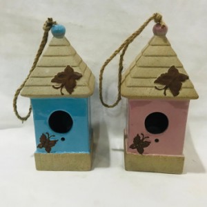 Custom Flowing Glaze Ceramic Bird House With Butterfly Deco; Bird House Ceramic House Shape Blue and Pink Colour
