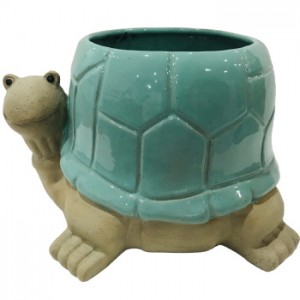 Custom Turtle Shaped Flower Pot; Ceramic Garden Pot Green and White Color For Garden Decoration