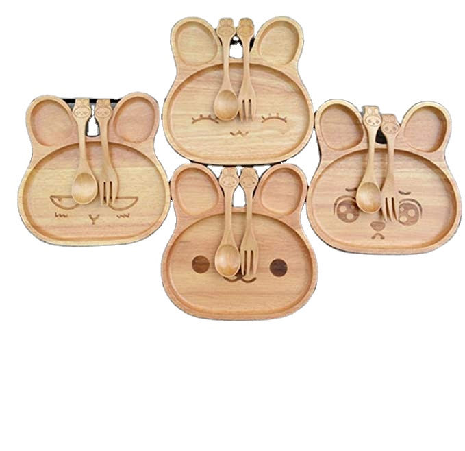 Bamboo Bunny Plate with Spoon and Fork Set; Four Style Bamboo Baby Plate Set Rabbit Shape with Four Face Featured Image