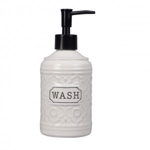 Custom Ceramic White Geometric Soap Dispenser ; Hand Wash Pump Dispenser Glaze White With Black Word Wash